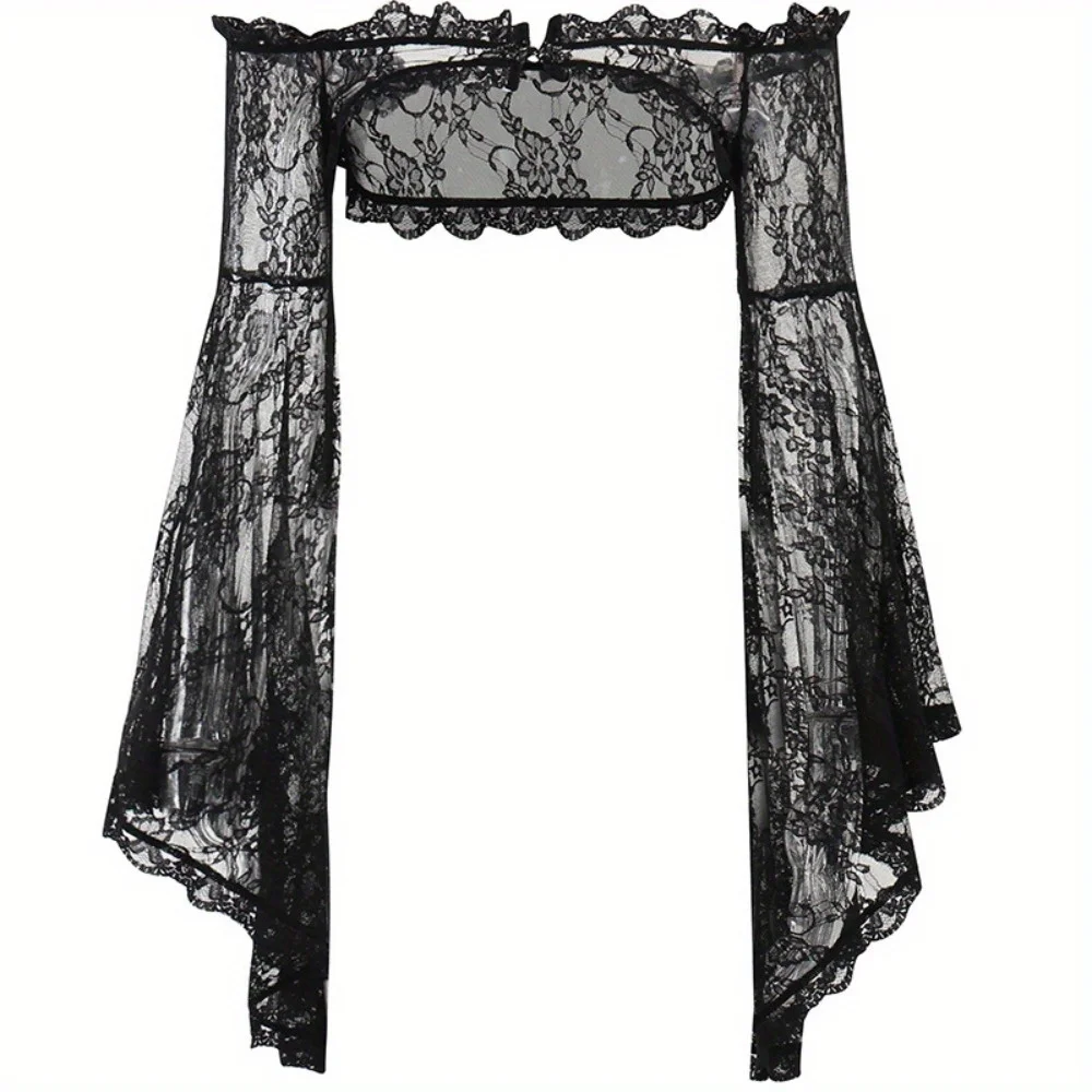 Classic Gothic Lace Cover Ups Women Mesh Crop Top See Through Sexy Flare Sleeve Blouse Black Rave Outfit Festival