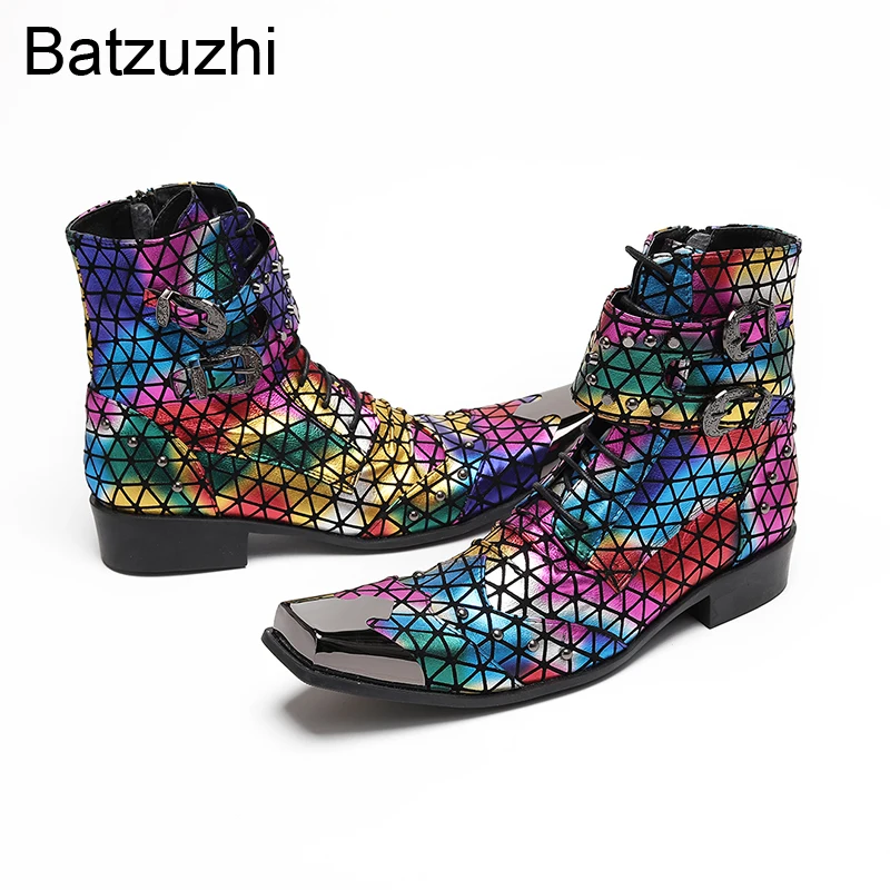 Batzuzhi Pop Muti-color Men's Boots with Metal Toes Punk Leather Ankle Boots Men Zips Buckles Punk Party, Runway Boots for Man!