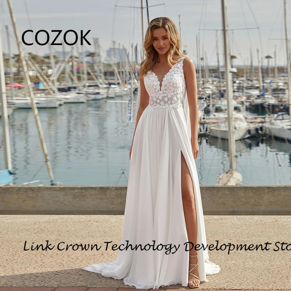 

COZOK Cap Sleeve Wedding Dresses with Lace 2024 Summer Side Slit Bridal Gowns for Women Court Train Sleeveless Vestidos De Novia