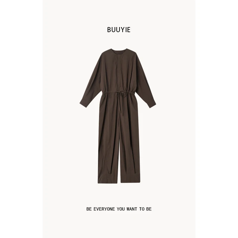 

Faionable Belted One-Piece Suit for Women Straight Leg Long Pants Cotton Blend Fabric Midi Waist Autumn New Arrival