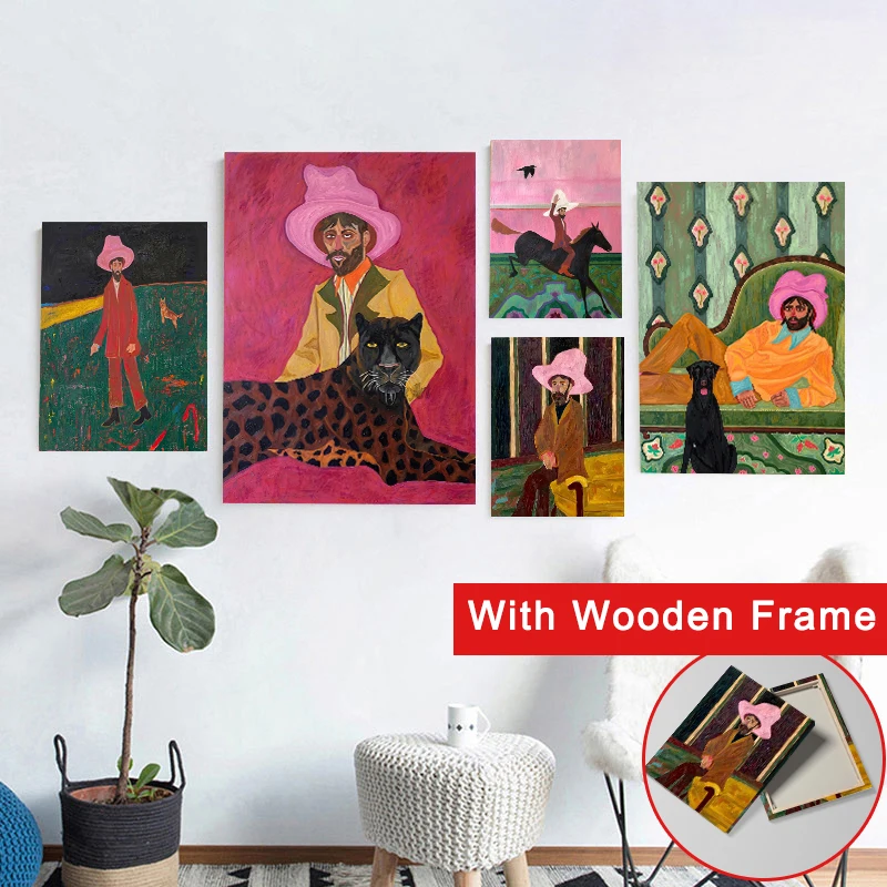（With Frame)  Modern Abstract Folk Art Canvas Wall Art Colorful Cowboy Figure Poster Wall Decor Living Room Hallway Home Decor