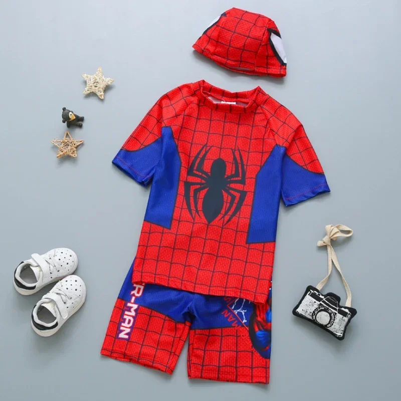 Disney Toddler Baby Boys Clothes Set Aoger Spiderman Print Short Sleeve Tops Elastic Waist Swim Hat Kids 3Pcs Bathing Suit