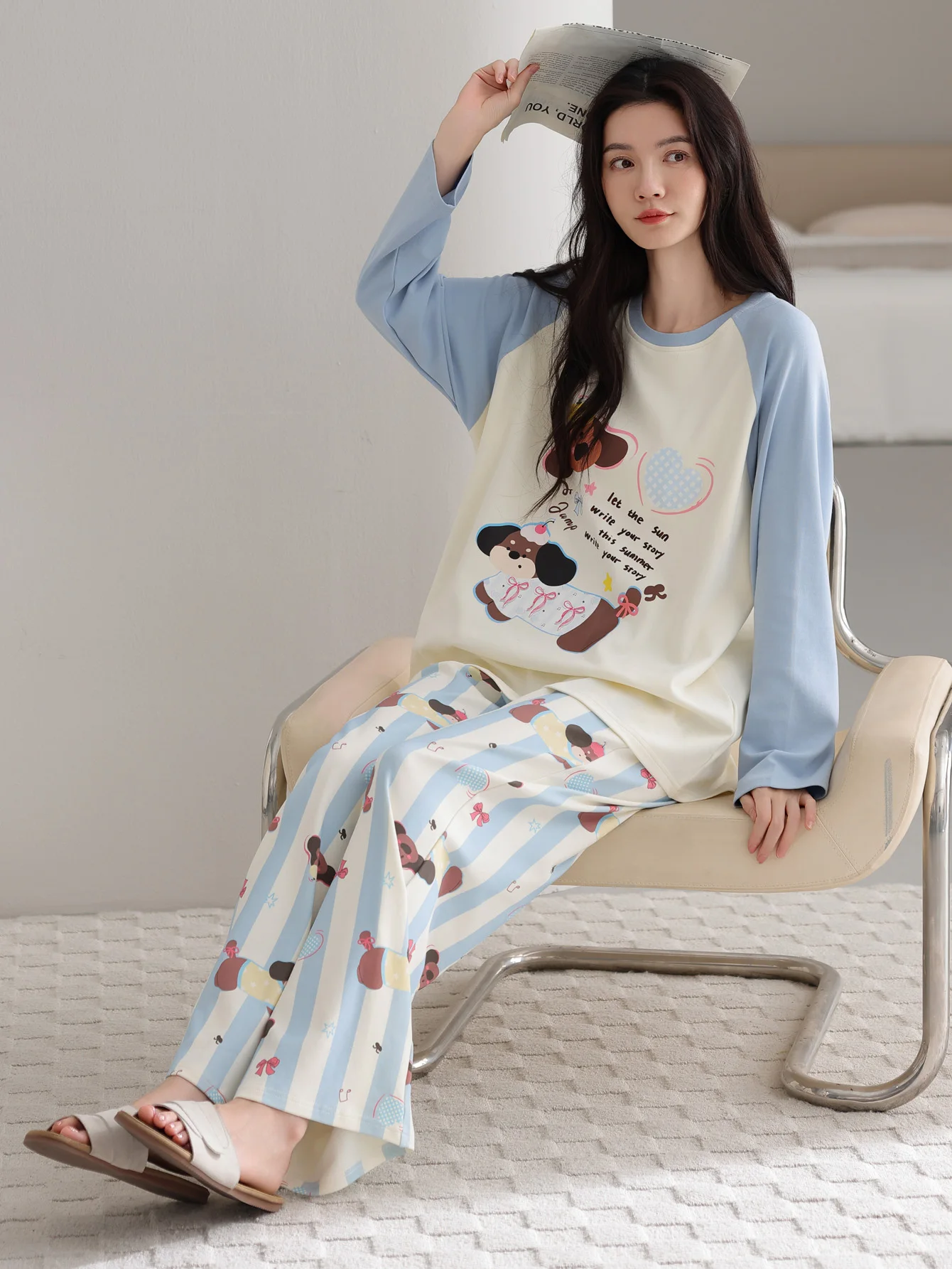 ملابس نوم من القطن الخالص 100% مع وسادة صدر، سراويل نسائية للخريف والشتاء بأكمام طويلة، ملابس نوم نسائية مقاس كبير من القطن الخالص #5