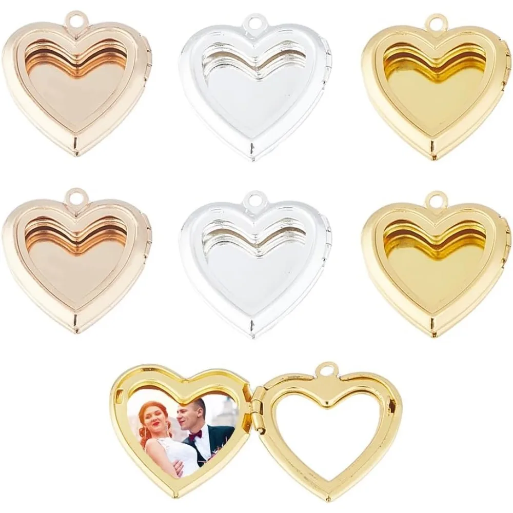 6 Pcs 3 Colors Locket Charms Heart Photo Frame Pendants Love Wedding Photo Charms Brass Metal Golden Silver Rose Charms