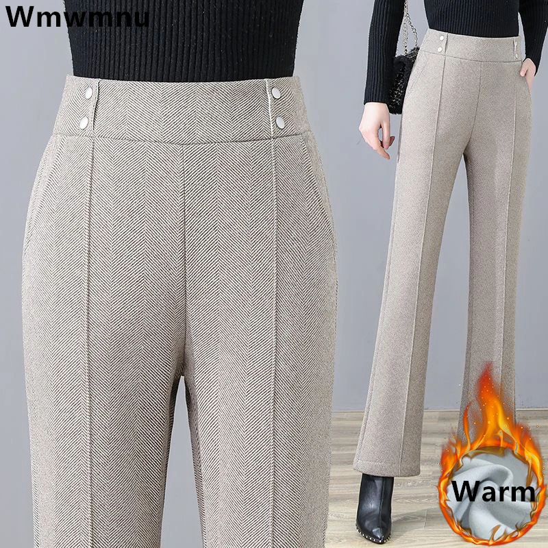 

Winter Wool Blend Flare Pants Women Thicken Plush Lined High Waist Pantalones Korean Warm Woolen Elegant Offcie Trousers New