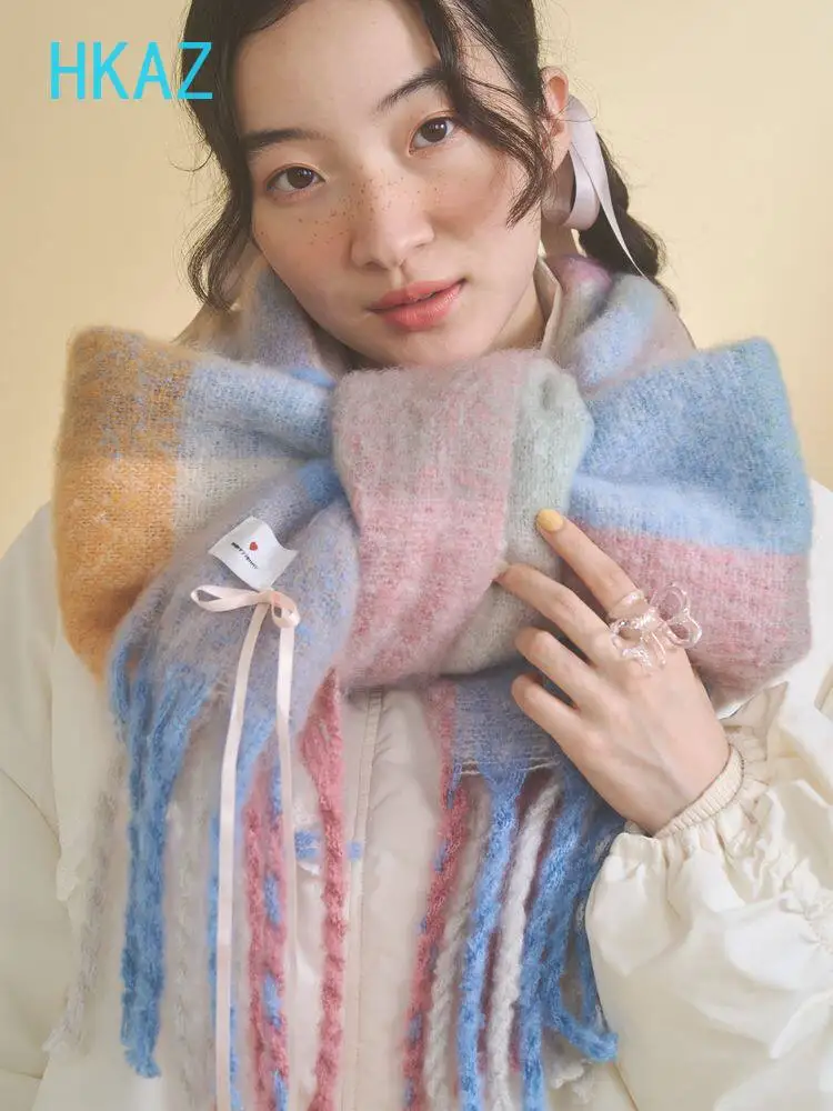 Puffy Soft Fringed Scarf Winter New Plaid Mohair Sweet Cute Girl Bow Versatile Scarves Colorful Fashion Wool Shawl for Women