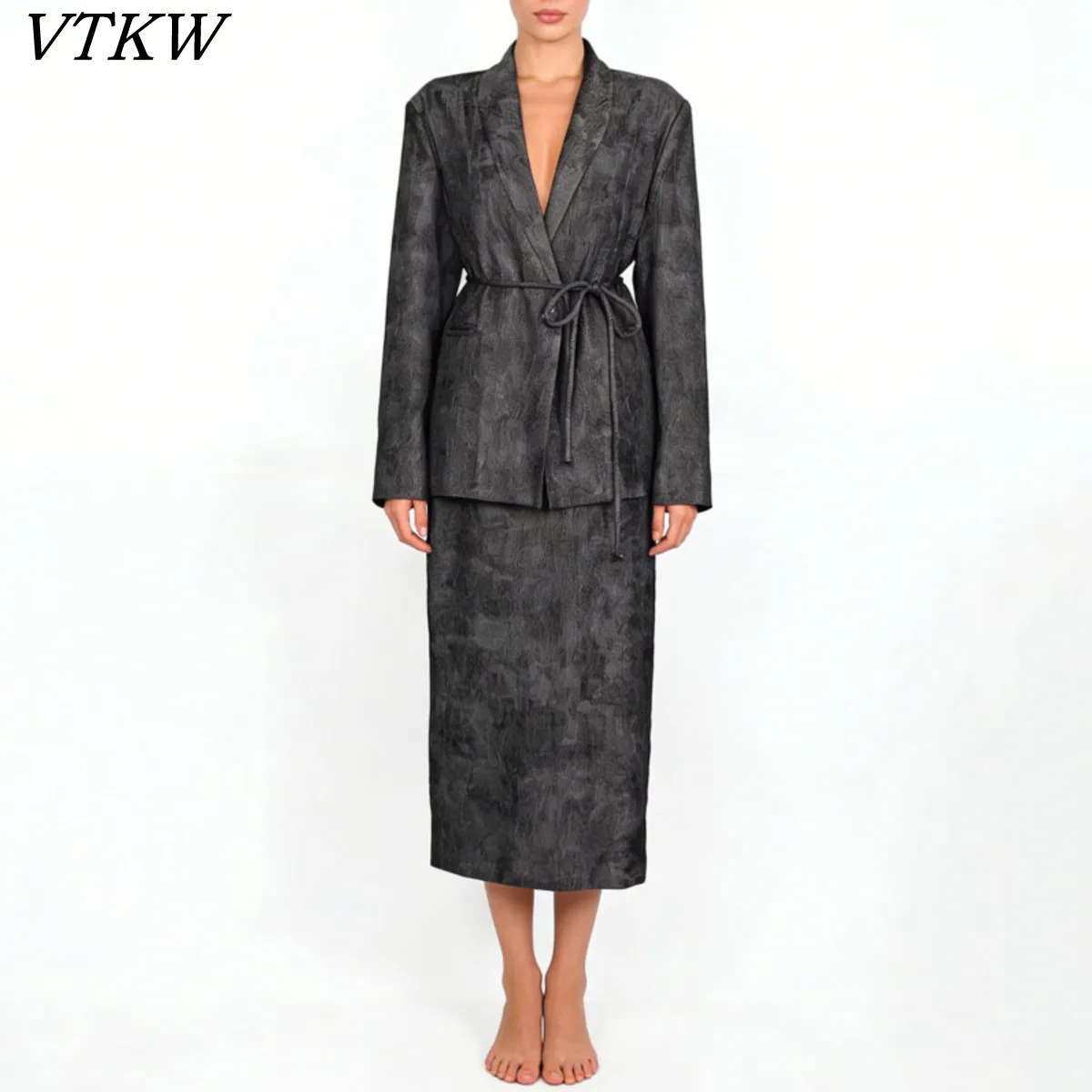 

VTKW 2026 New Arrival Women Dark Grey Textured Blazer Skirt Set V Neck Tie Waist Two Piece Office Suit
