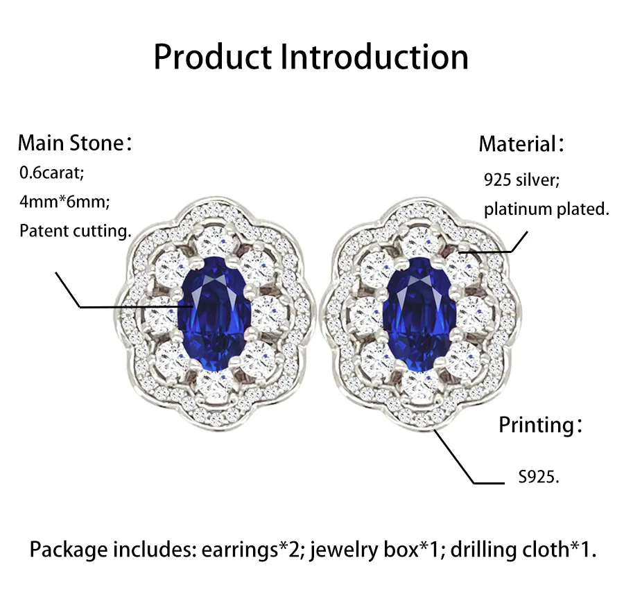 ForHer 100% 925 Sliver Sterling Earrings Oval Cut Lab Grown Sapphire for Women Lady Wedding Party Birthday Jewelry Gift