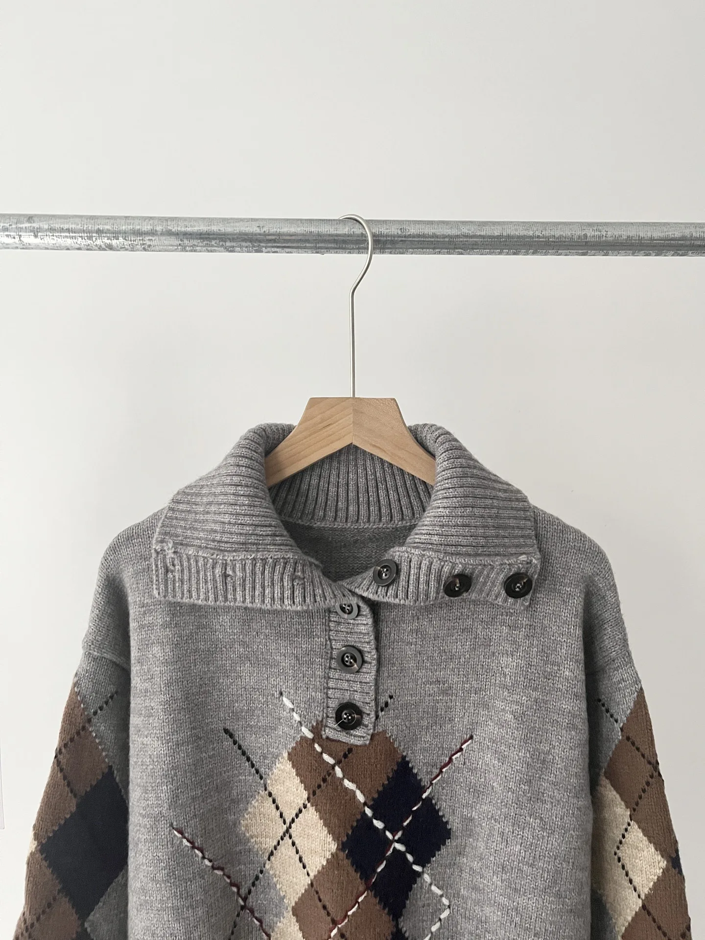 College style retro color matching rhombus lapel pullover temperament sweater women's autumn 67b-1732