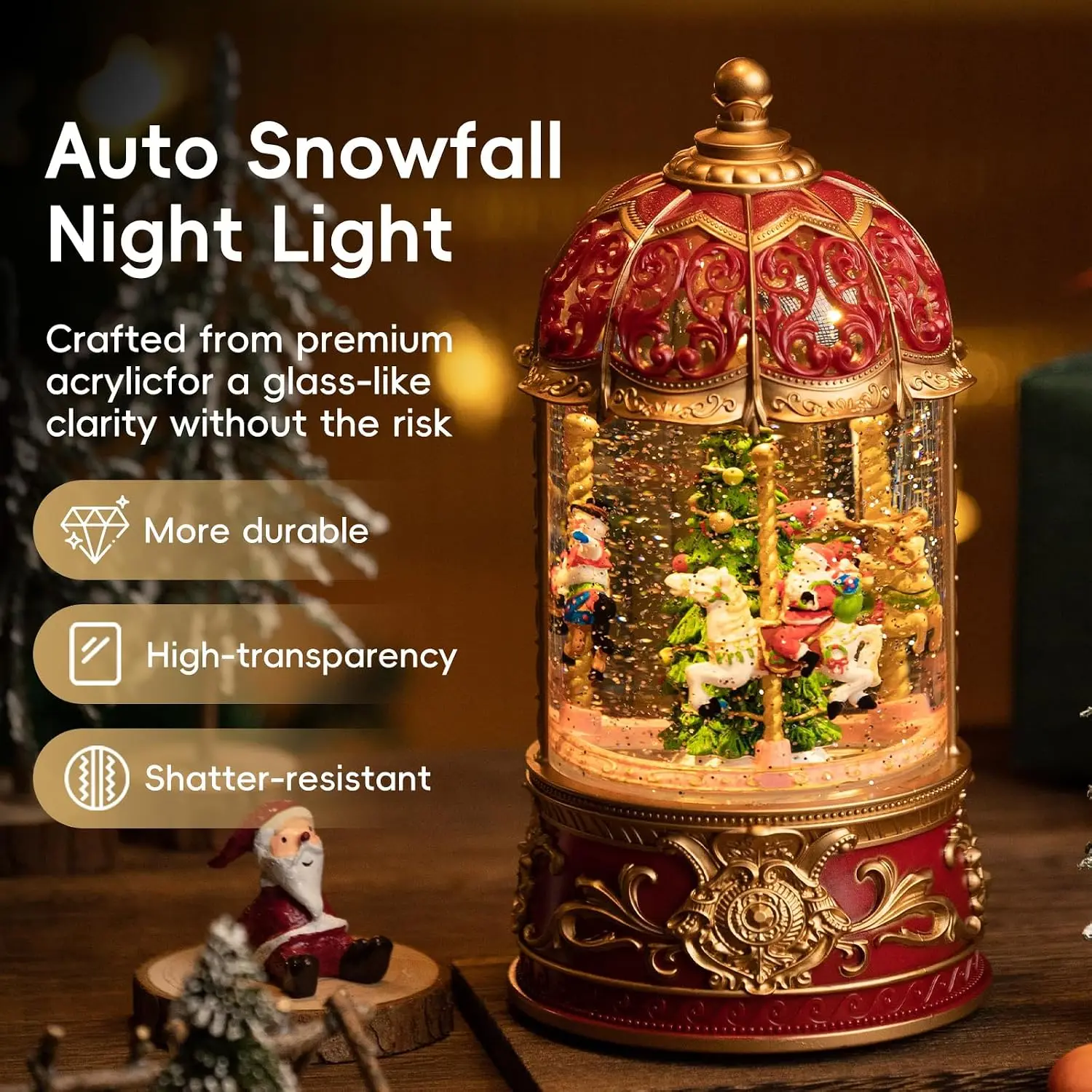 Carousel Christmas Snow Globes Featuring Santa Claus and Shatterproof Rotating Music Box