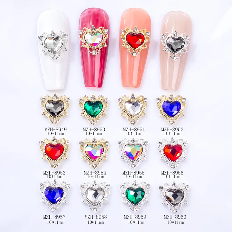 10st schattige liefde hart strass nail art accessoires - doe-het-zelf legering plaksteen nagel studs voor decoratie