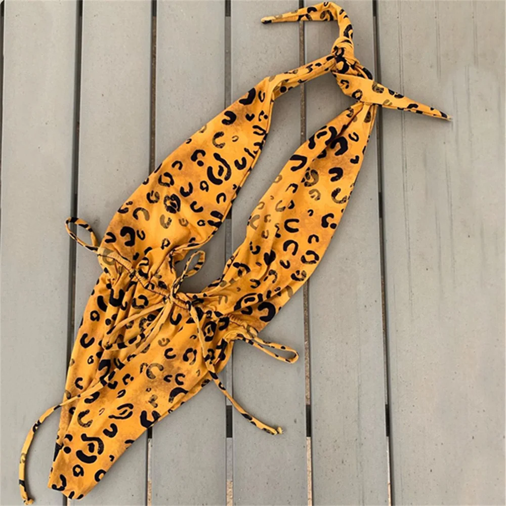 Sexy rücken freie Leopard Bikini String Badeanzug tief v Monokini tropische Mikro Bade bekleidung extreme einteilige Brasilien Strand Badeanzug