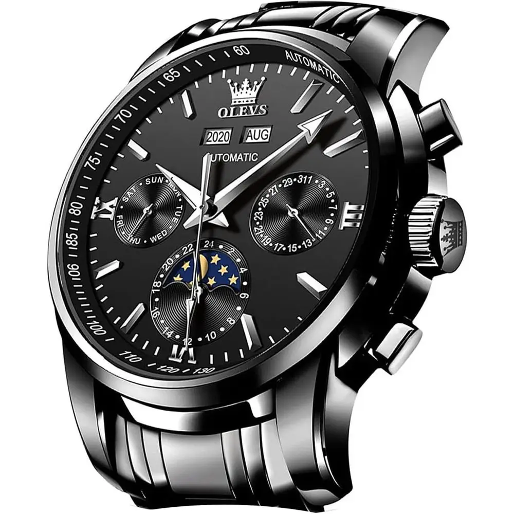 

Мужские автоматические часы OLEVS с автоподзаводом, механические, люксовые, с фазами Луны, из нержавеющей стали, водонепроницаемые, светящиеся, с календарем, наручные часы