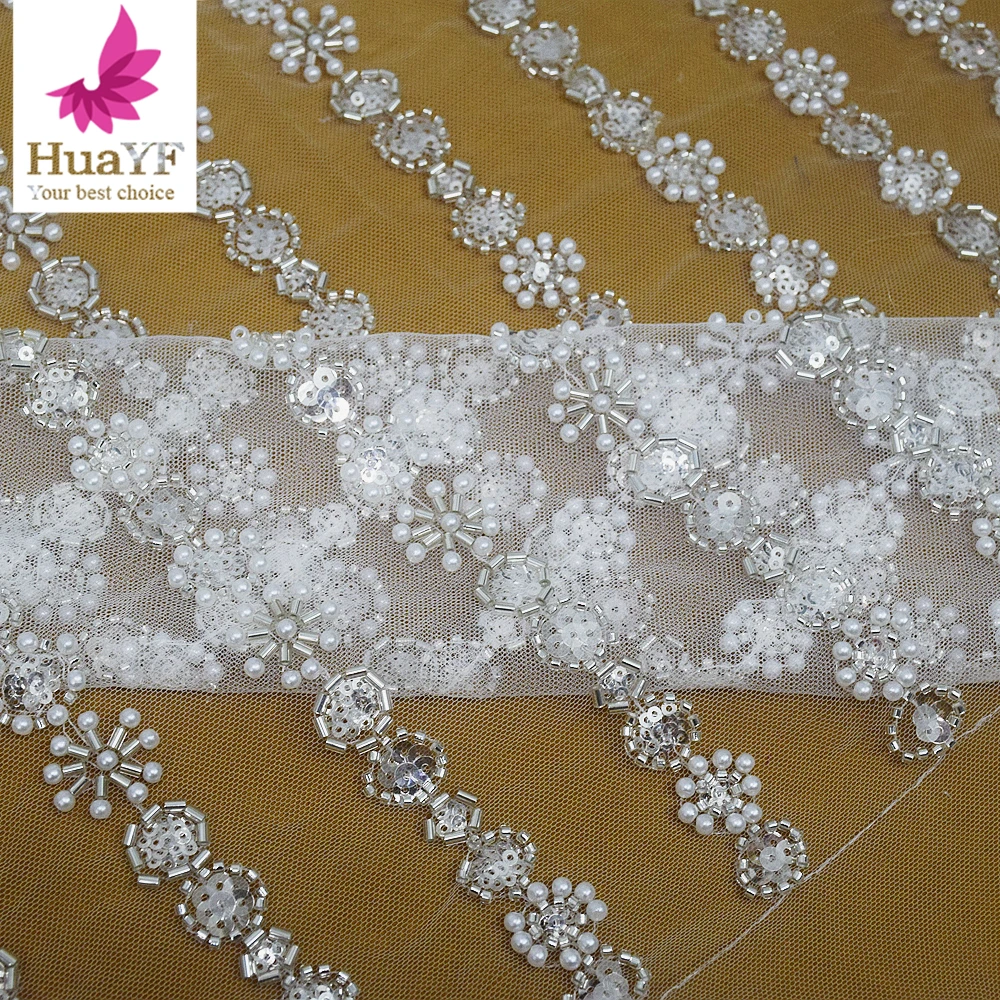 1 Yard Elegant French Sequence Beaded Lace with Sequins White Simple Bridal Wedding dress Fabric HY2580