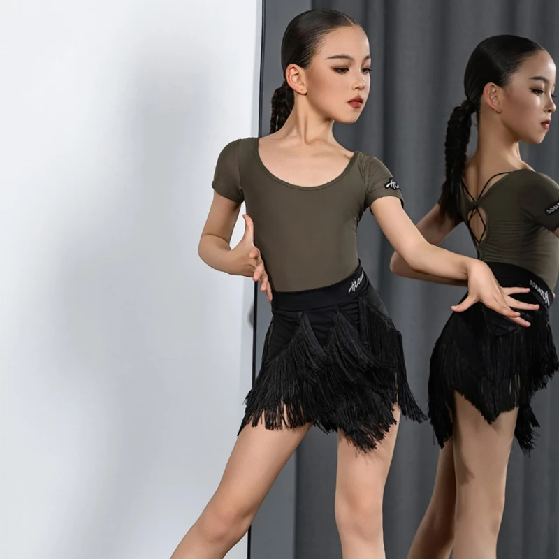 

Girls Split Practice Suit Latin Dance Performance Costumes Back Hollow Top Tassels Skirt Chacha Rumba Tango Latin Wear DN20682