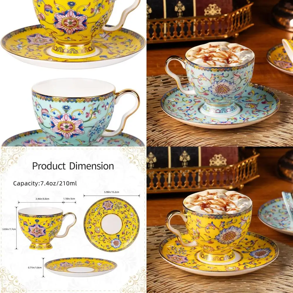 

Винтажные фарфоровые чайные чашки и блюдца Duo, желтые и синие керамические чашки для эспрессо 7,5 унций для домашнего или офисного использования