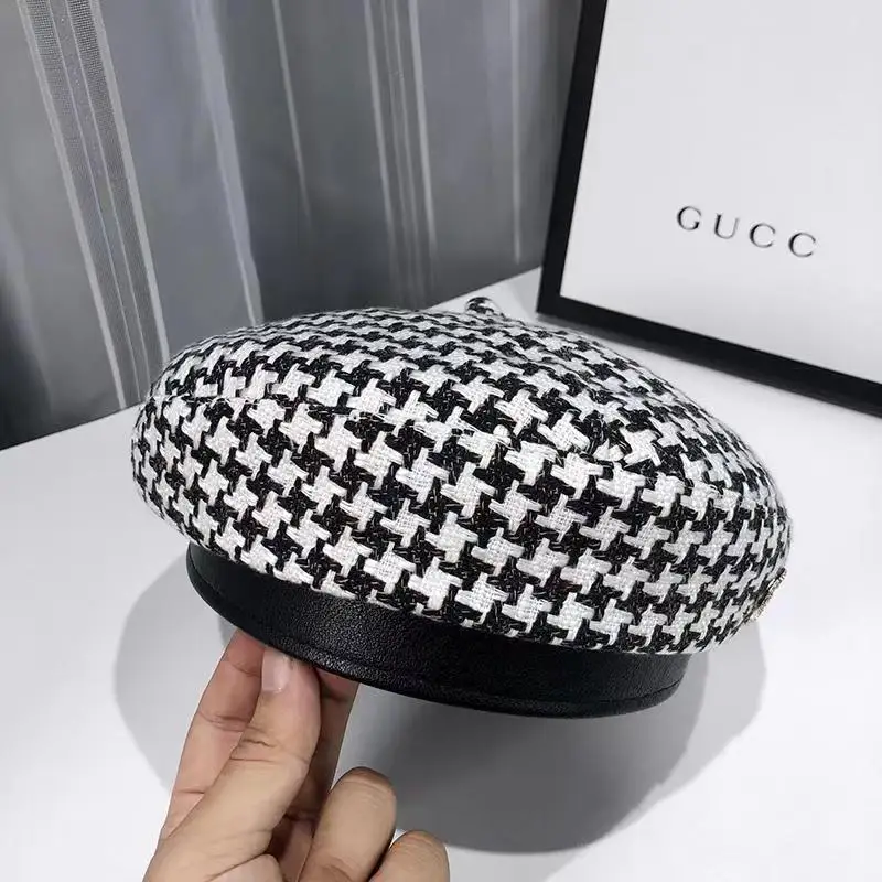 Women\'s Hat Beret 2023 New Fashion All-match Houndstooth Female British Retro Octagonal Hat Painter Hat Autumn Women\'s Kepi