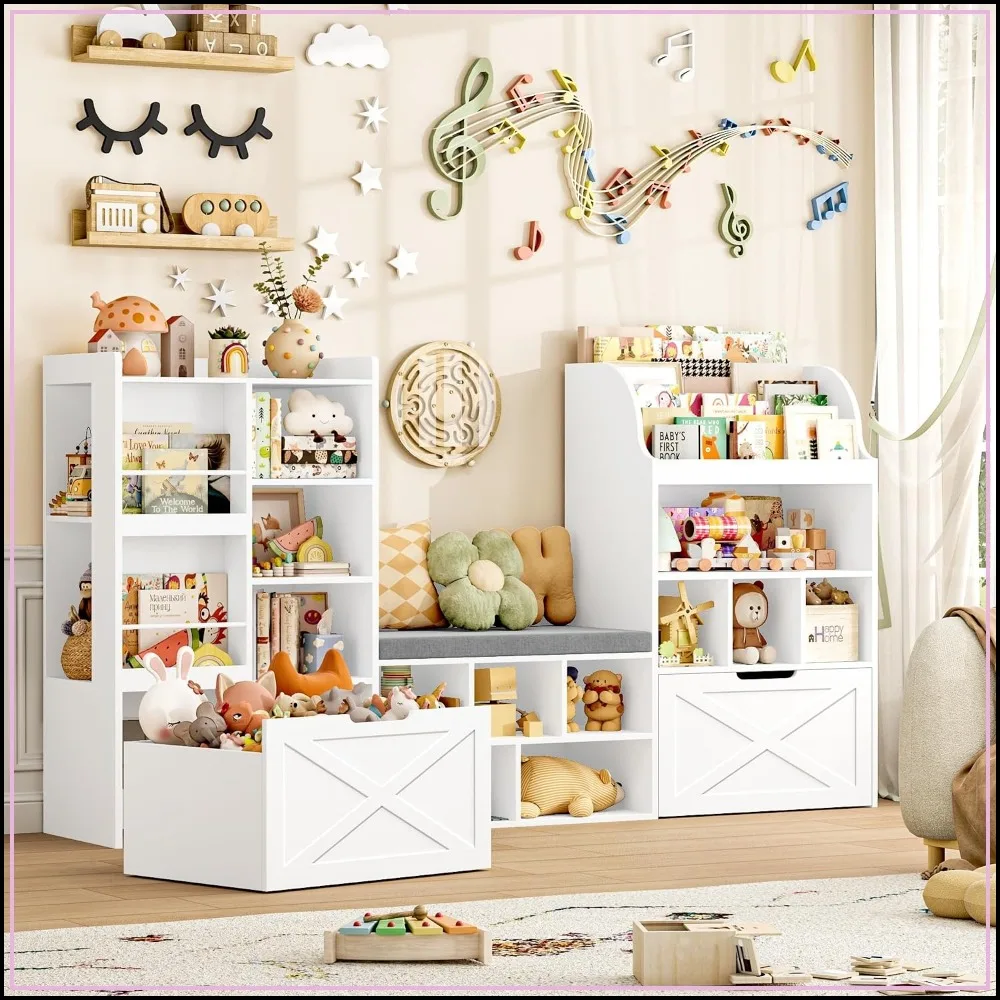 Kids Bookshelf with Reading Nook, Toy Organizer with Seat Bench, Storage Shelf for Playroom