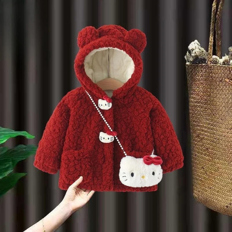 

Girly Heart Kawaii Hello Kitty Anime Thickened Coat 2025 New Cute Cartoon Warm Fleece Baby Long Sleeve Jacket Clothes Gifts