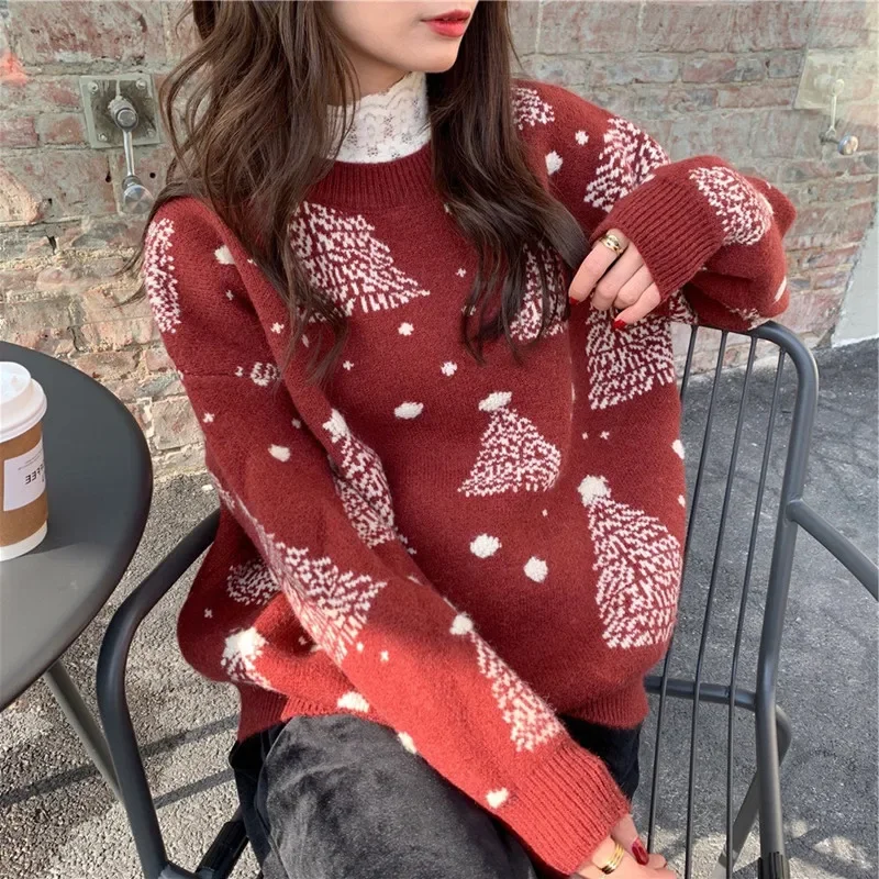 Maglioni pullover esterni stampati con fiocchi di neve dolci autunnali Maglioni casual allentati con o-collo a maniche lunghe Top invernali da donna lavorati a maglia