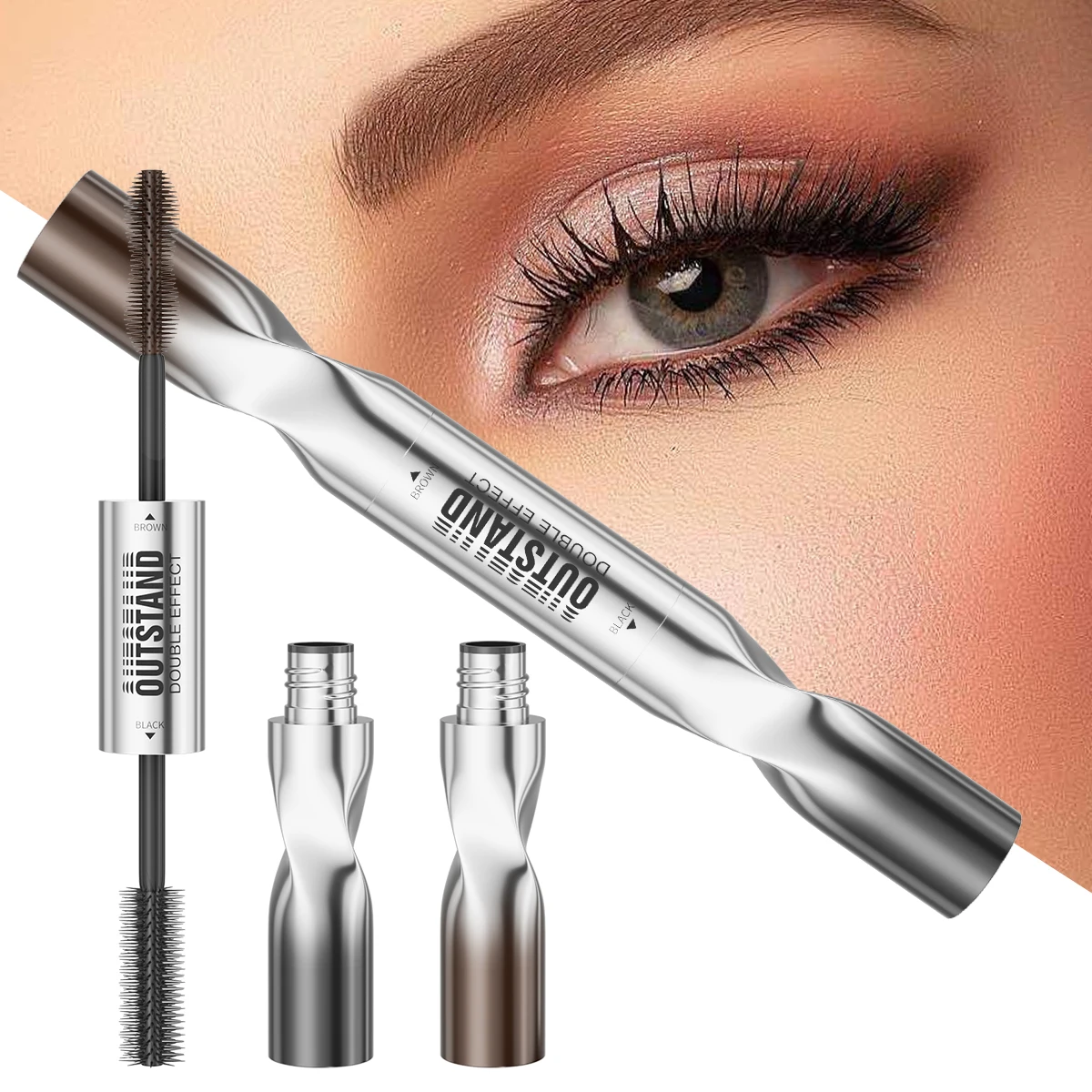 Máscara de pestañas resistente al agua de doble punta, negro y marrón, pestañas duraderas, alargamiento voluminizador para todo tipo de piel, máscara resistente al agua