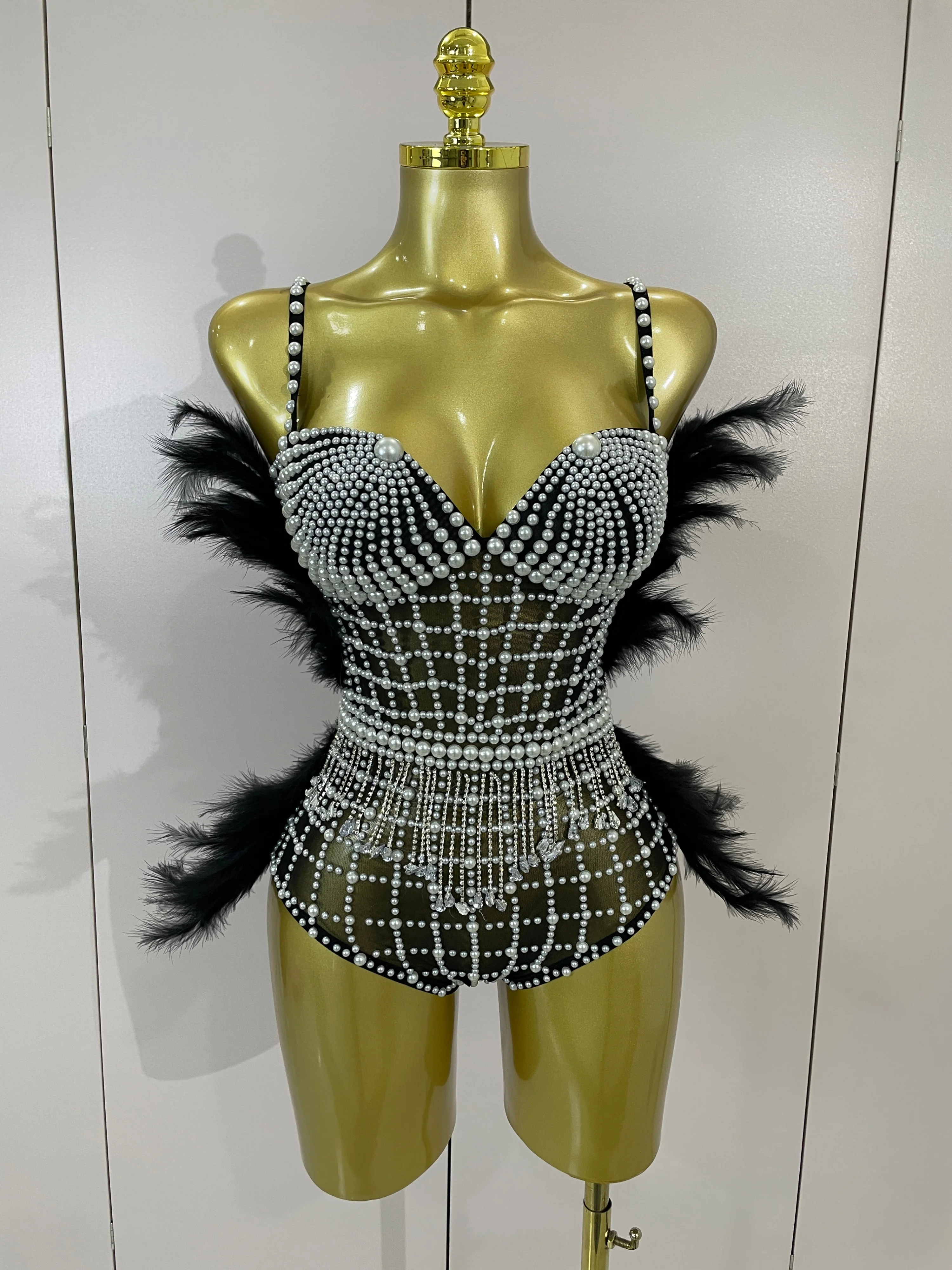 Luxury Pearl Diamond Feathers Sexy Mesh Stretch Bodysuit Women Birthday Evening Party Celebrate Dancer Bar Nightclub Stage Wear