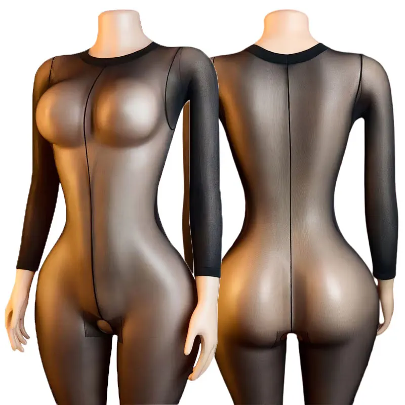Round Neck Long Sleeved See Through Sexy Lingerie Bodysuit Women Open Crotch Bodystocking for Adult Nightwear