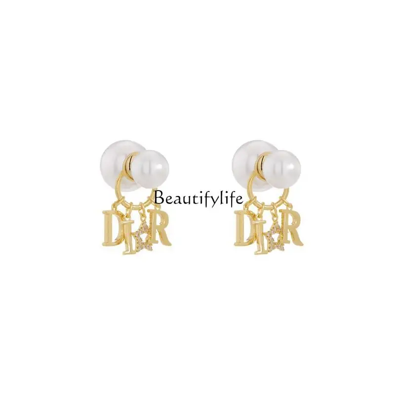 

S925 sterling silver Dijia fringed letter pearl stud earrings light luxury high sense fashion retro earrings