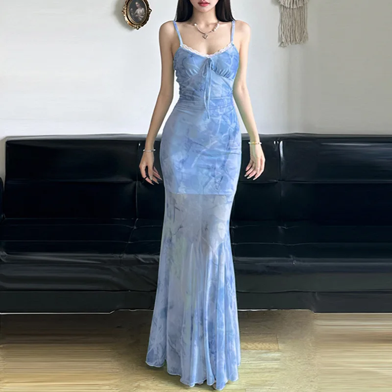 فستان نسائي لربيع وصيف منعش أخضر نعناعي شبكي فستان قصير دانتيل مرقع عالي الخصر حورية البحر فستان ماكسي للحفلات المسائية