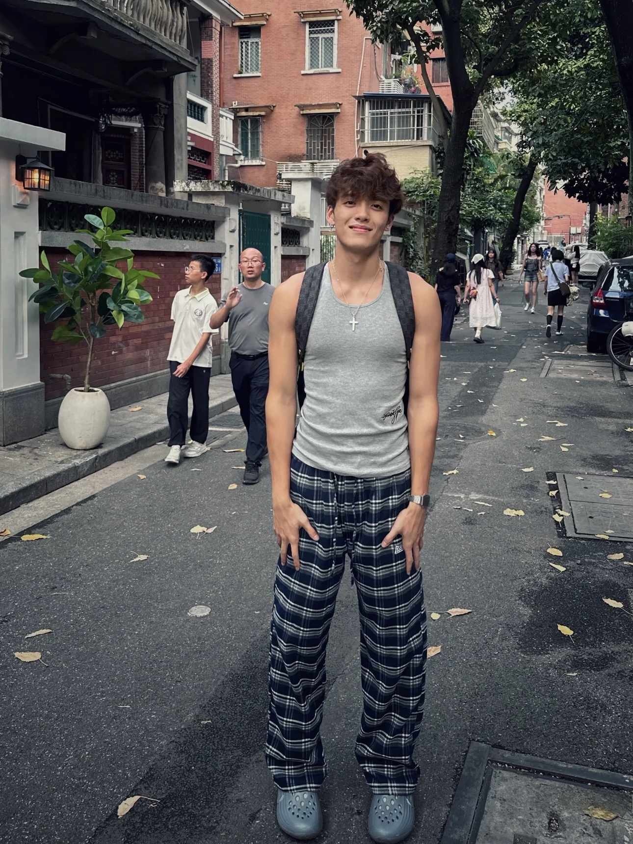 

American Retro Blue Plaid Straight Leg Casual Pants Men's Four Seasons Casual Match Lazy Sle Dstring Wide Leg Pants Couples