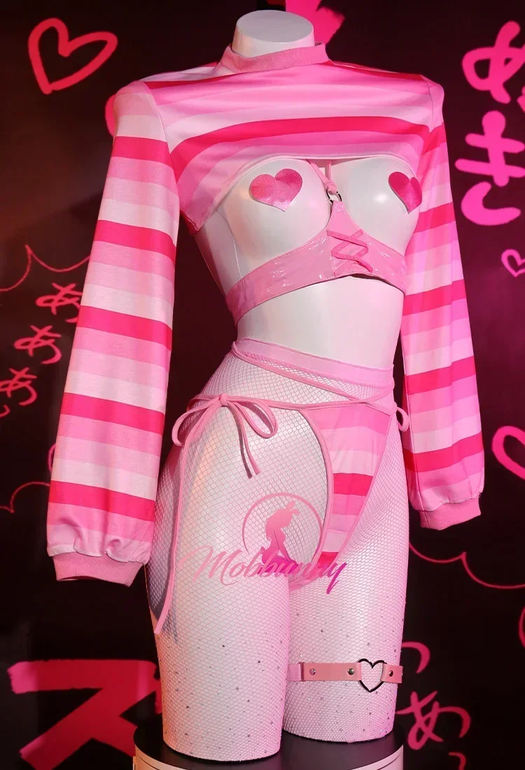 Mobbunny Women Sexy Lingerie Set Gradient Pink Stripe Long Sleeve Short Top and Panty with Pantyhose Cosplay Costume