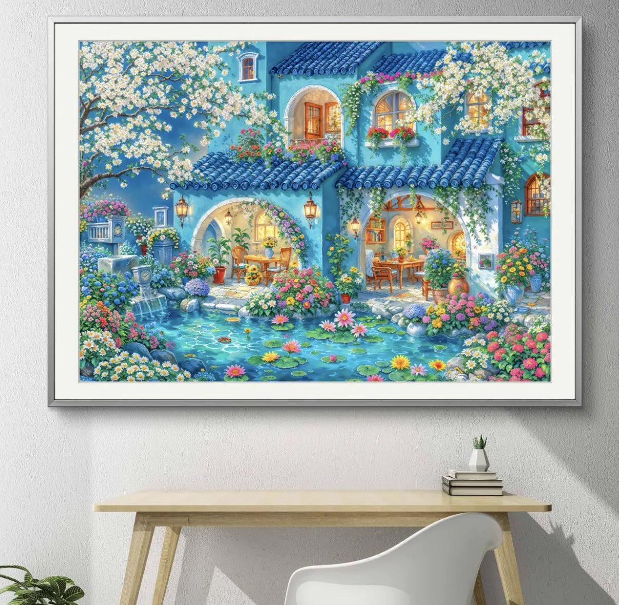 

9CT 14ct Blue House Printed Kit Cross Stitch Embroidery DIY Needlework Home Decor Crafts With Needles Threads 74 Colors