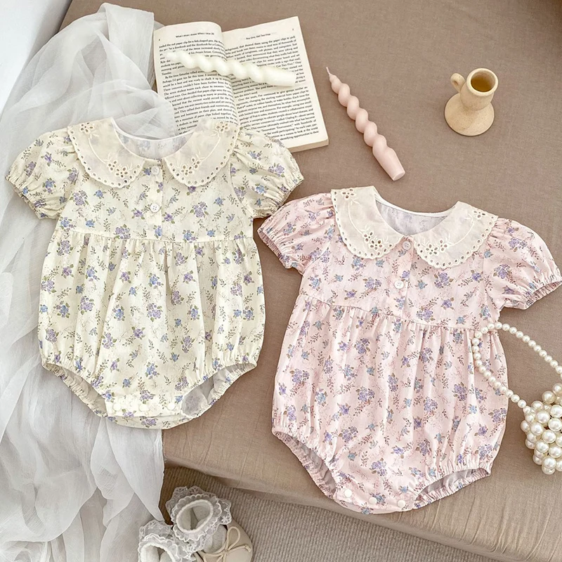 2024 New Summer 0-24M Children Clothes Infant Baby Girls Bodysuits Short Sleeved Cotton Print Toddler Baby Girls Jumpsuit