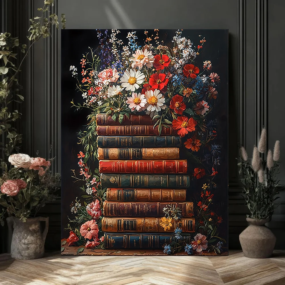 Vintage Stack of Books Flowers Bookish Poster and Prints Canvas Painting Wall Art Picture for Living Room Home Decor Gift