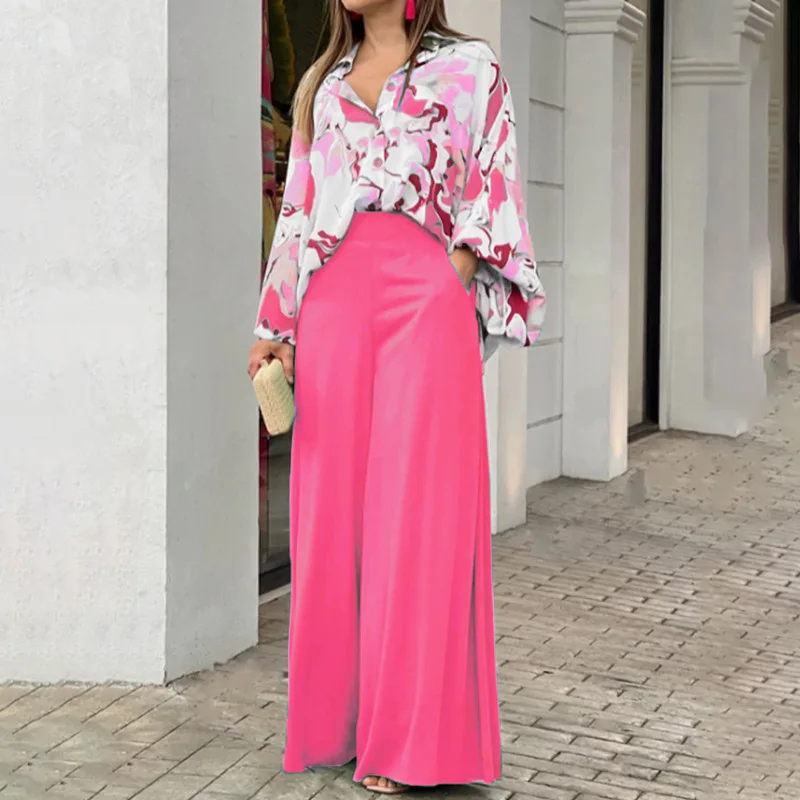 Fashion Casual Set Women 2024 Tops Shirt Elegant Wide Leg Pants Set Printed Bell Sleeve Shirt Wide Leg Pants Fashion Trendy