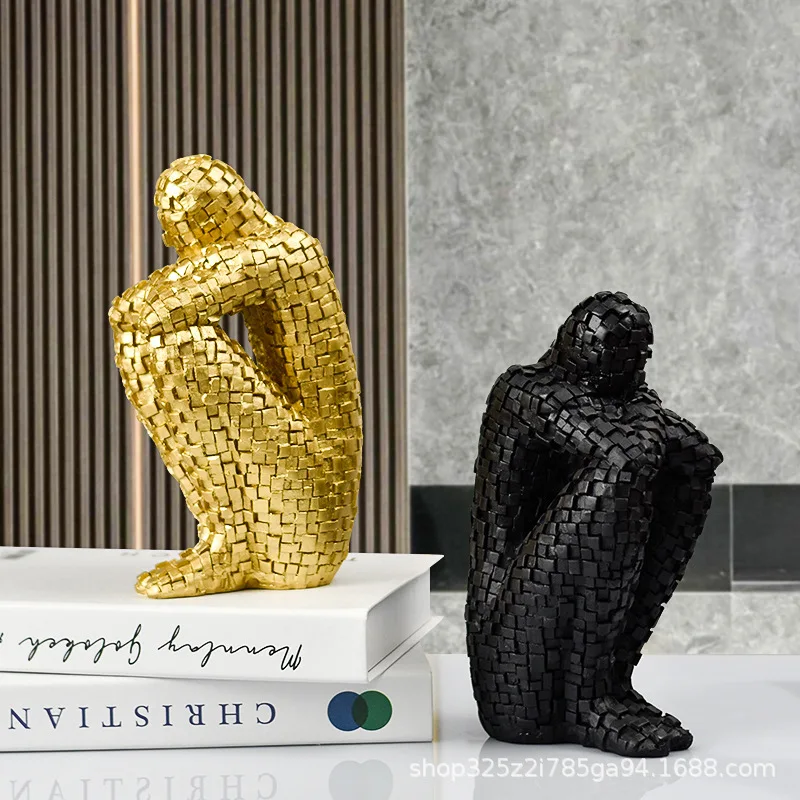 Resin Abstract Figure Statue Mosaic Character Model Sculpture Geometric Uneven Tuck Thinker Golden