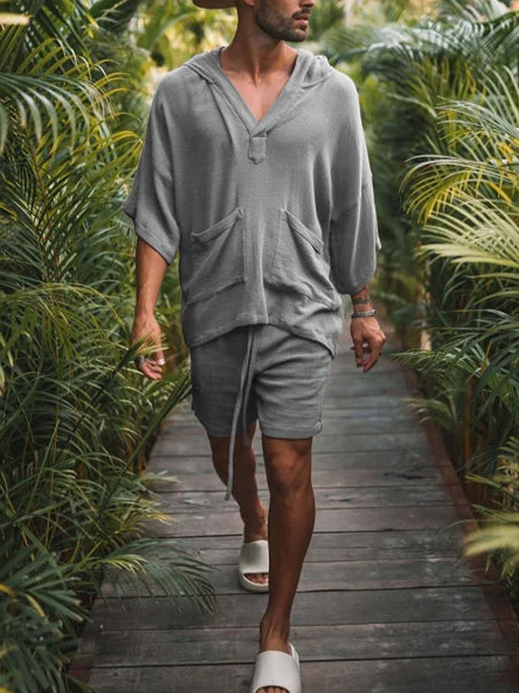 2026 Sommer Herren Einfarbiges Baumwoll-Leinen Zweiteiler-Set V-Ausschnitt Halbarm T-Shirt Lockere Shorts Atmungsaktiv Urlaub Alltag Lässig Passend – Detail 12