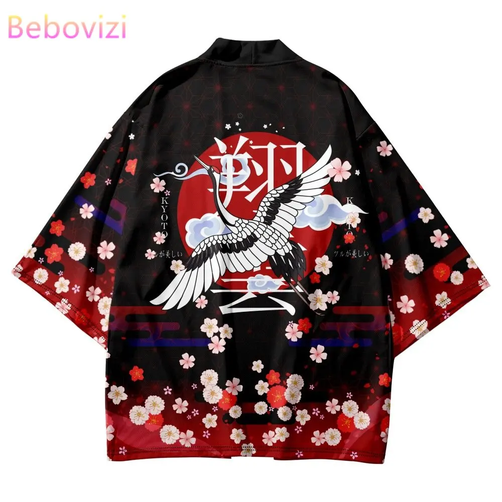 

Crane Flower Printed Kimono Women Men Shirt Haori Fashion Traditional Clothing Summer Beach Cardigan Oversized Top