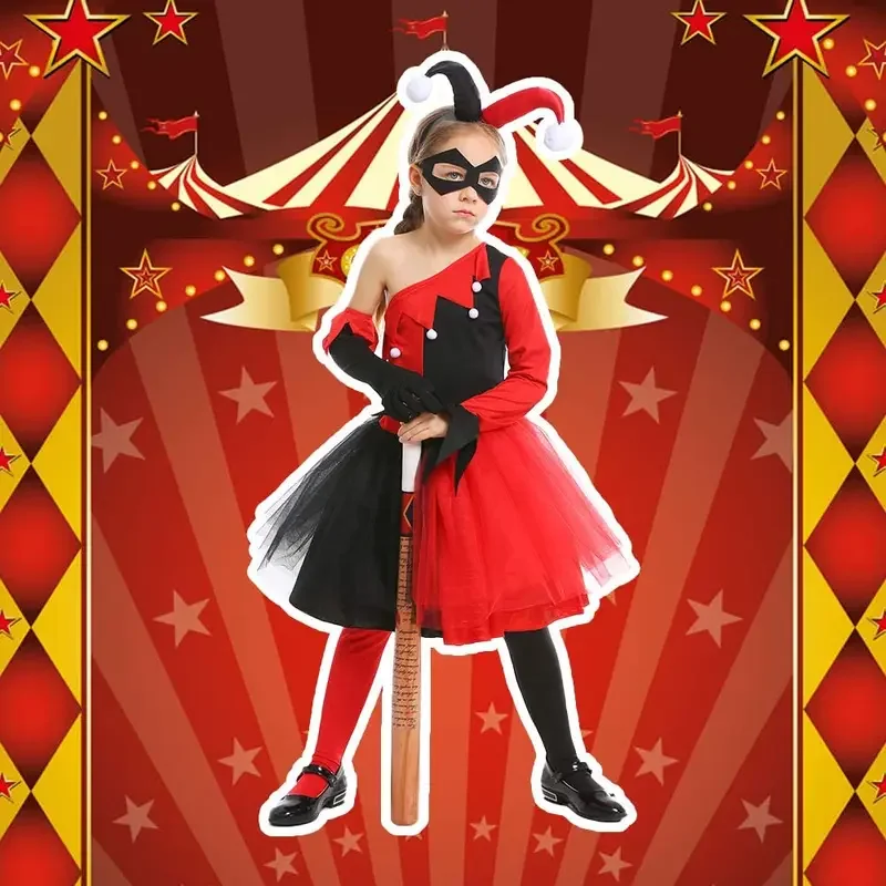 RT01 niñas Quinn Cosplay vestidos Halloween negro rojo payaso asesino disfraz carnaval Pascua Purim vestido de lujo y Gf1