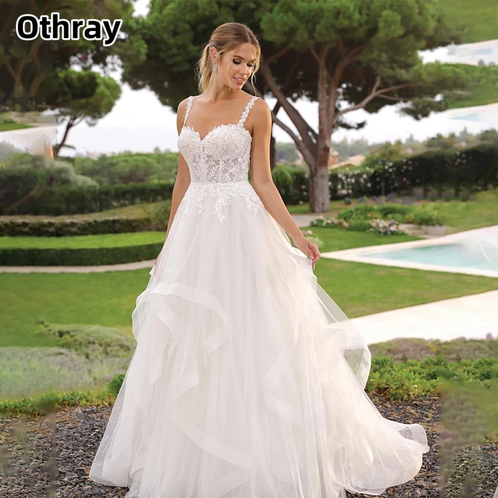 Unique Spaghetti Straps Lace Applique Ruffled Organza Sleeveless Beach A Line Wedding Dresses Custom Made Rode De Morrie
