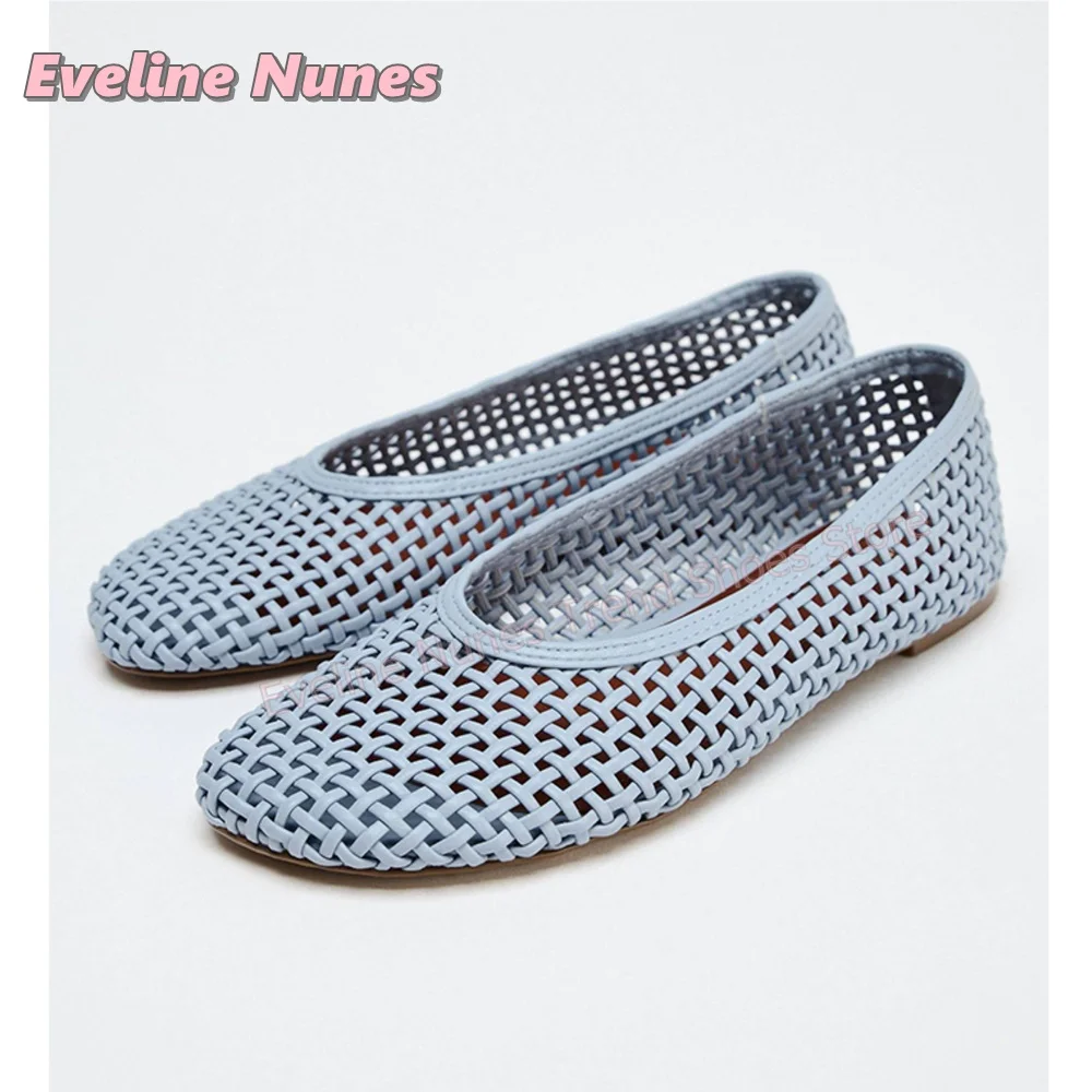 Blue Hollow Woven Mesh Flat Pumps Shoes Women Round Toe Breathable Slip On Ballet Flats Spring Summer Beach Walking Footwear New