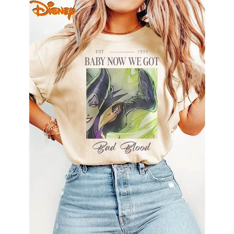 Camisa de manga corta de Disney para mujer con estampado de villano de Bella Durmiente, algodón para todas las estaciones