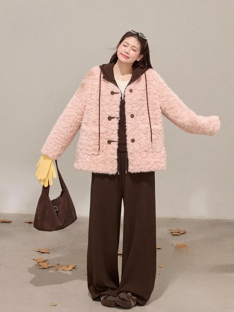

Женское розовое пальто с мехом ягненка больших размеров, двойное корейское зимнее утягивающее пальто с высокой талией Aosphere для поездок на работу