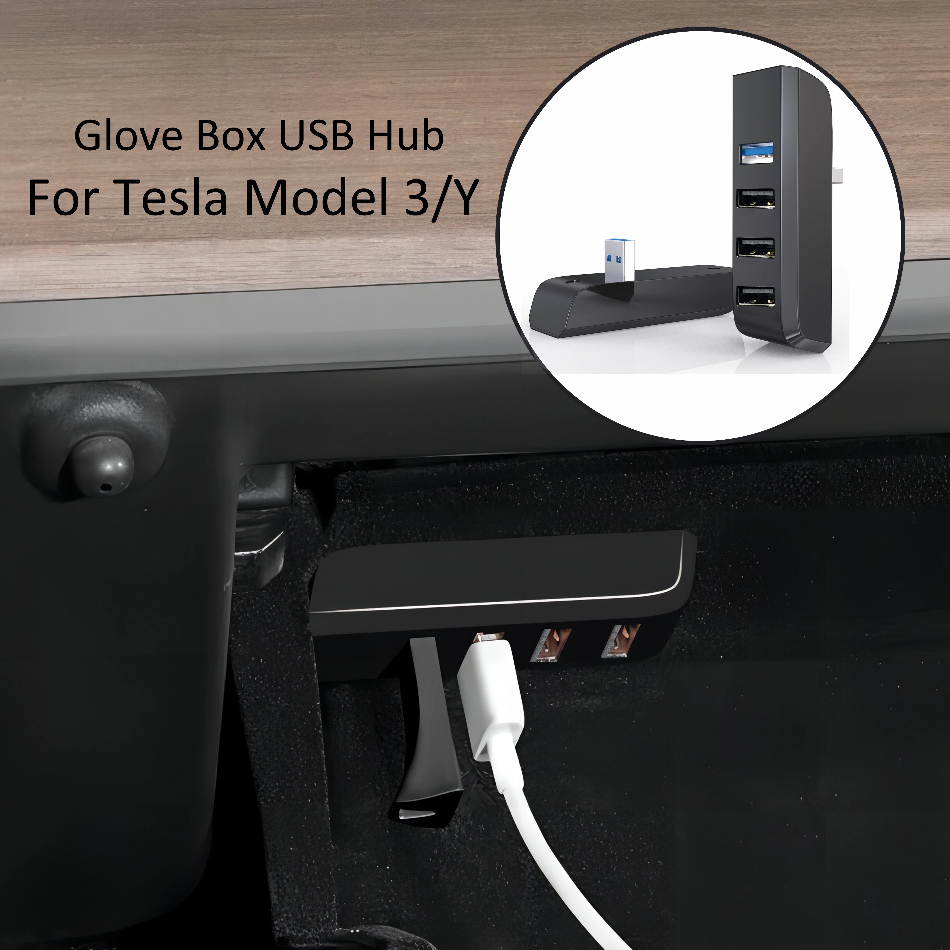 Caixa de luvas Hub USB para Tesla Modelo 3/Y 2021-2023, 4-em-1 Dash Cam Flash Drive Carregador Glovebox Extensão Docking Station Para Tesl