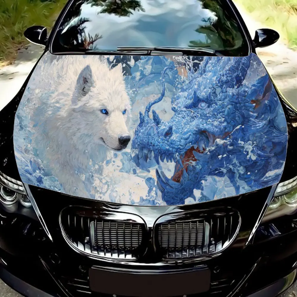 

White Wolf and Blue Dragon - Wave Design Car Cover Sticker, PVC Anti-scratch Decal, Self Adhesive Waterproof Auto Engine Hood Vi