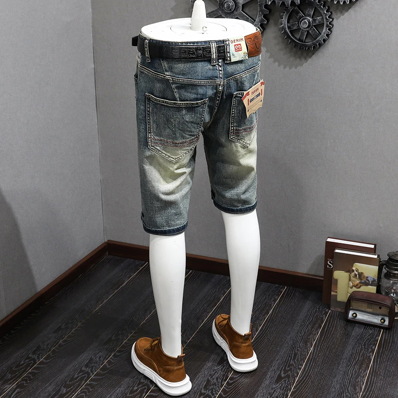 

JXN821 High-end embroidery broken holes retro nostalgic denim shorts men straight tide five trousers trend