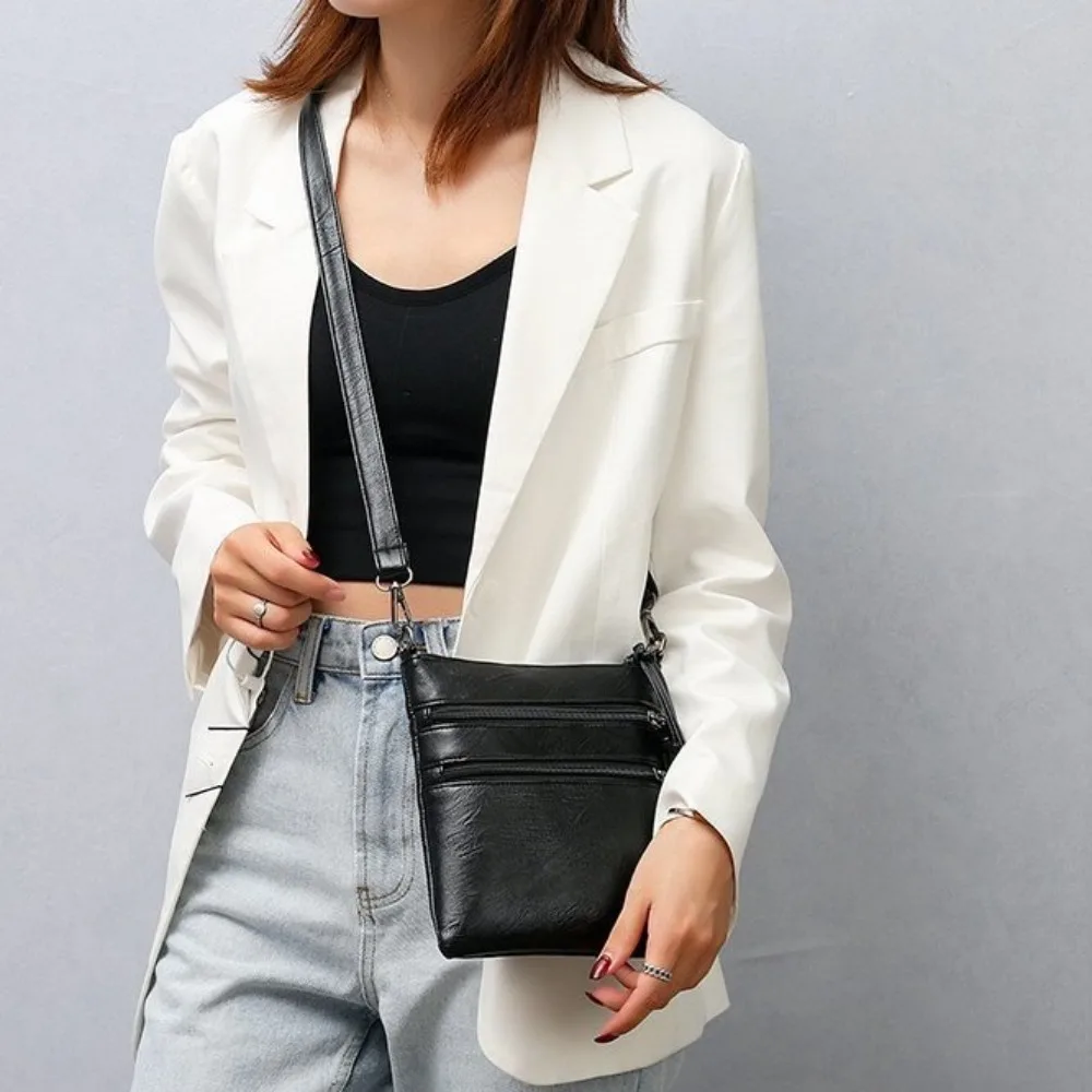 

Zipper Mobile Phone Pouch Soft Leather 3 Layers Vertical Square Bag Large Capacity PU Leather Single Shoulder Bag Travel