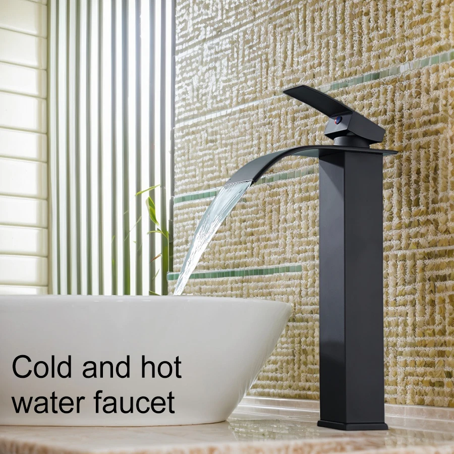 

1 Set of Square Black Stainless Steel Basin with Dual-Control Hot and Cold Faucet, 30Cm/11.81In Height, Modern Waterfall-Style Water Outlet, Touch-Controlled Bathroom Sink Countertop Basin High-Style Bathroom Faucet