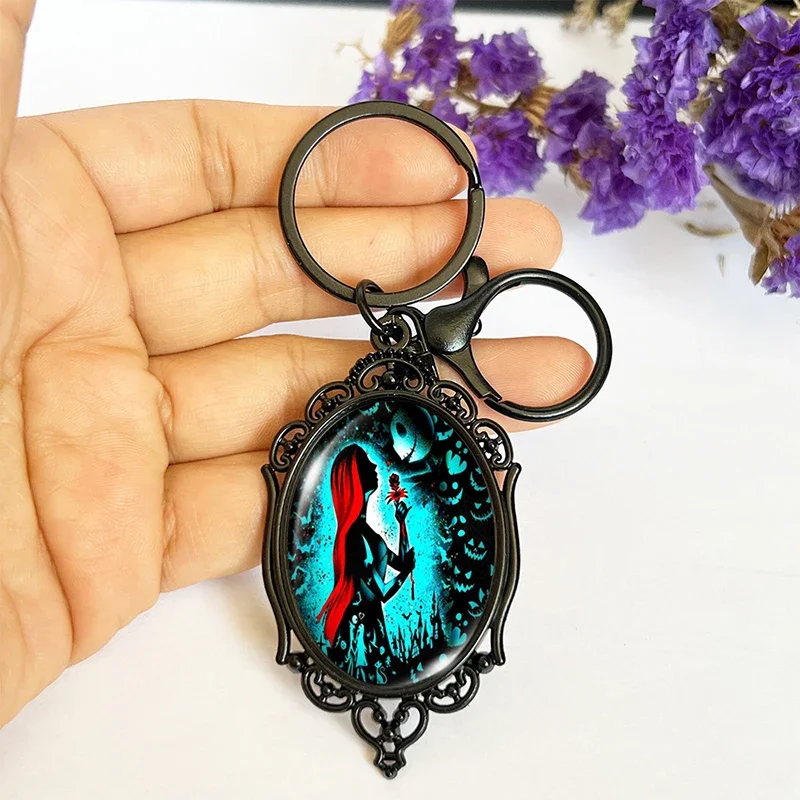 Disney The Nightmare Before Christmas Key Chain Jack Skellington Sally Keyring Elliptical Gemstone Pendant Accessories Women Men