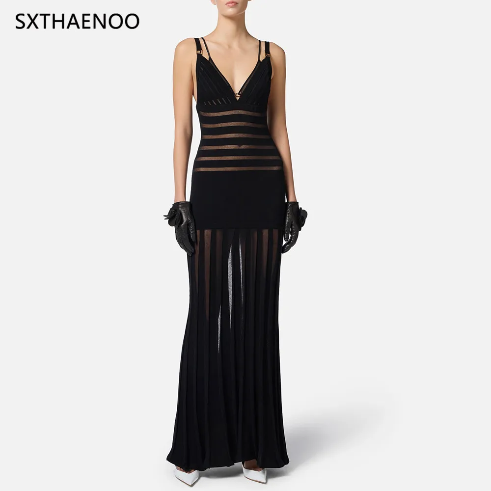 SXTHAENOO Moda sexy scollo a V profondo maglia trasparente patchwork fasciatura pista backless discoteca abito da festa lungo con reggiseno staccato2025